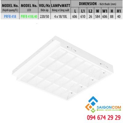 Máng đèn led huỳnh quang 4 bóng/ led loại âm trần PRFB 418